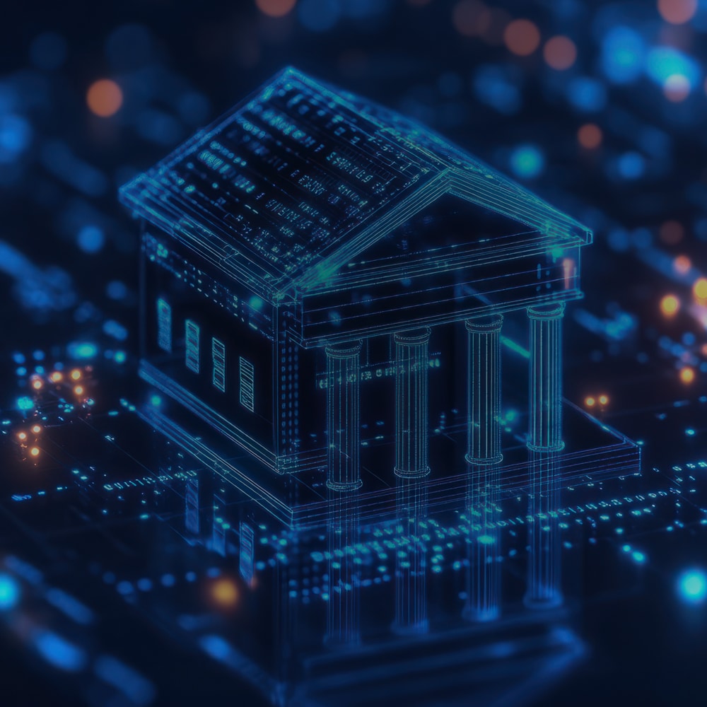 digital gold, RWA Tokenization, in situ gold digitization, digital asset banking, tradfi, defi, stable coin, gold-backed asset, Digital illustration of a classical bank building made of glowing blue circuit lines, symbolizing digital banking, financial technology, and investor opportunity. I-ON Digital OTCQB:IONI